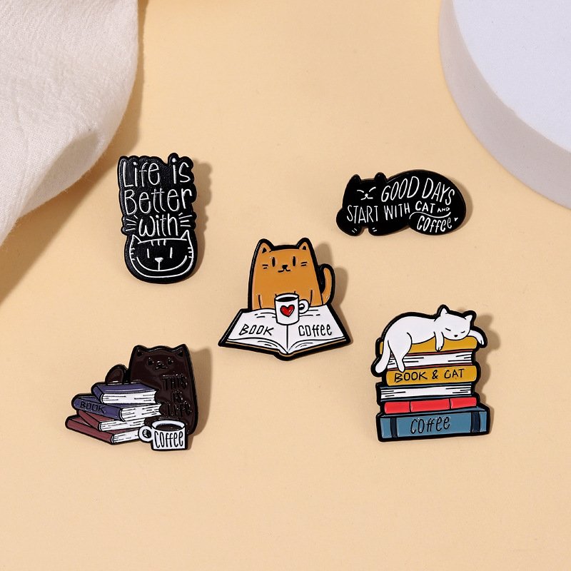 Cat Reading Book Metal Badge