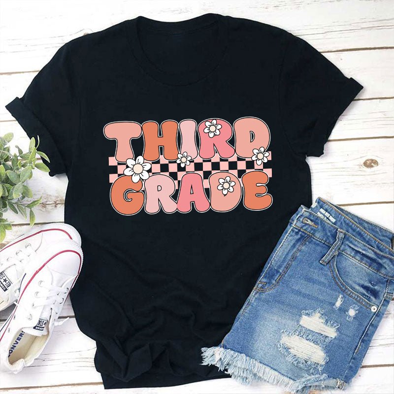 Personalized Grade Pink Flowers Teacher T-Shirt