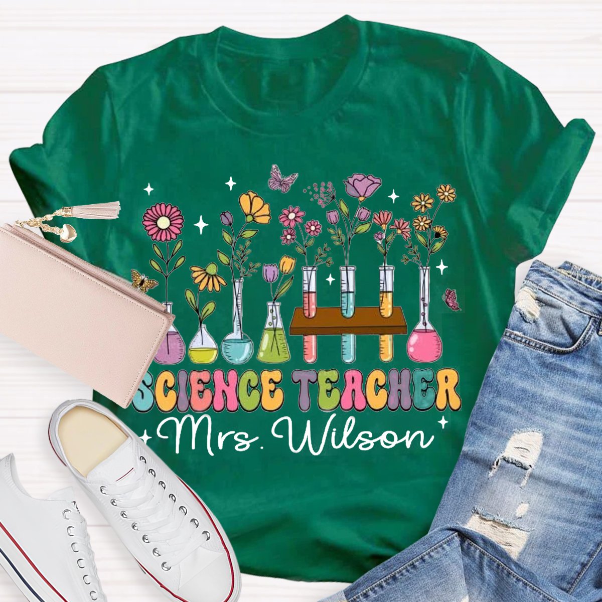 Personalized Science Teacher Name Tubes And Flowers Teacher T-Shirt