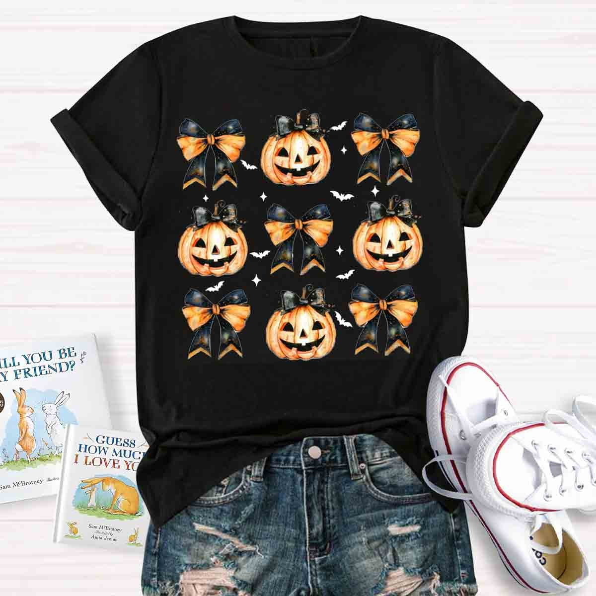 Fall Vibes Pumpkin Bowknot Spooky Teacher T-Shirt