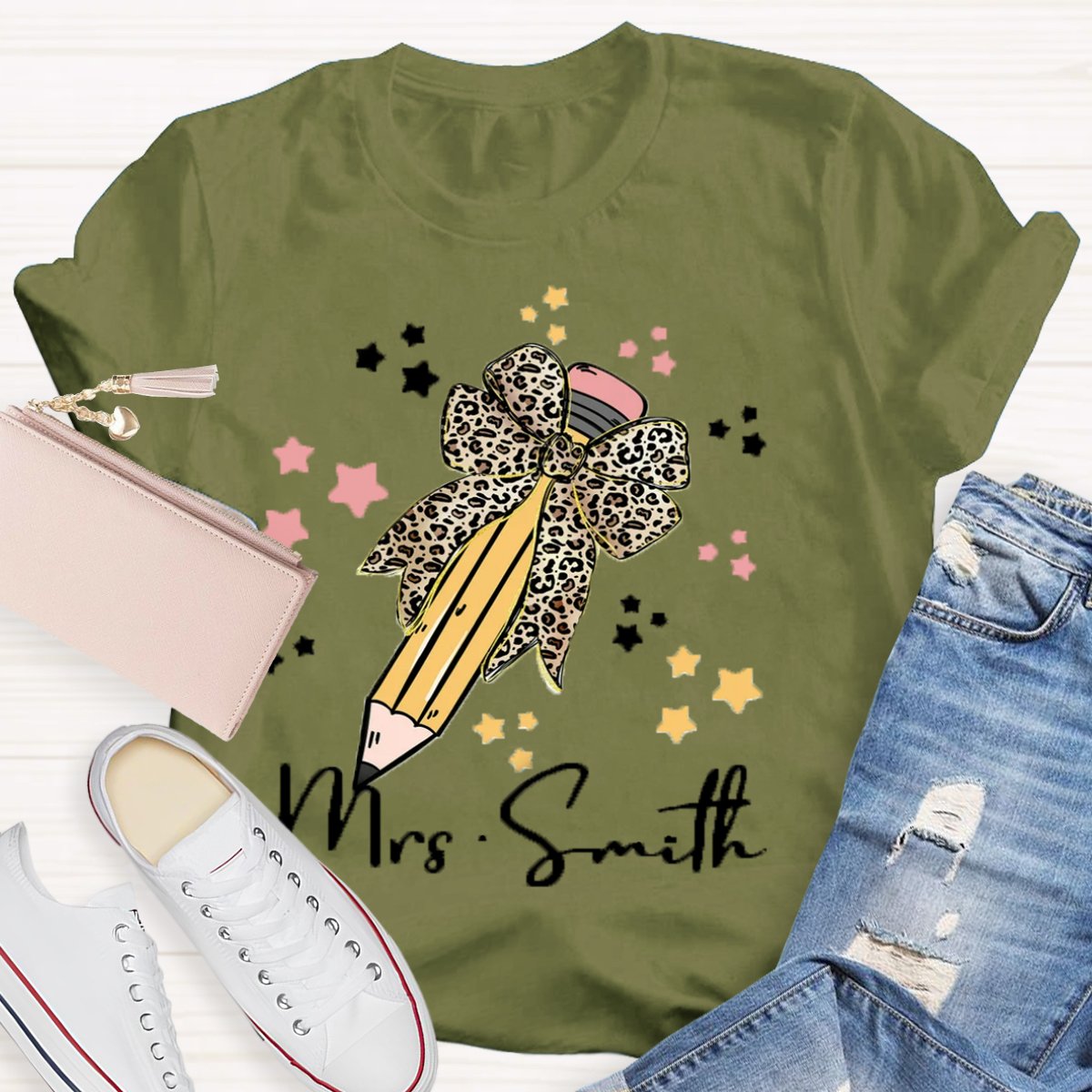 Personalized Name Leopard Bow Teacher Shirt