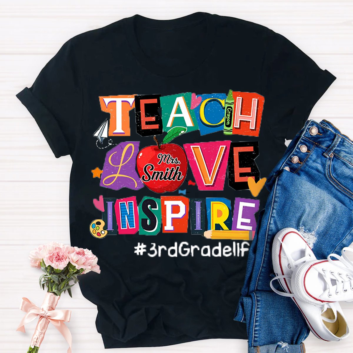 Personalized Name And Grade Teach Love Inspire Teacher T-Shirt