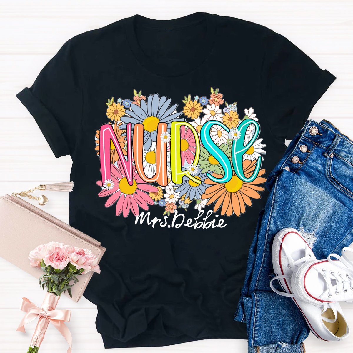 Personalized School Nurse Wild Flowers Nurse T-shirt