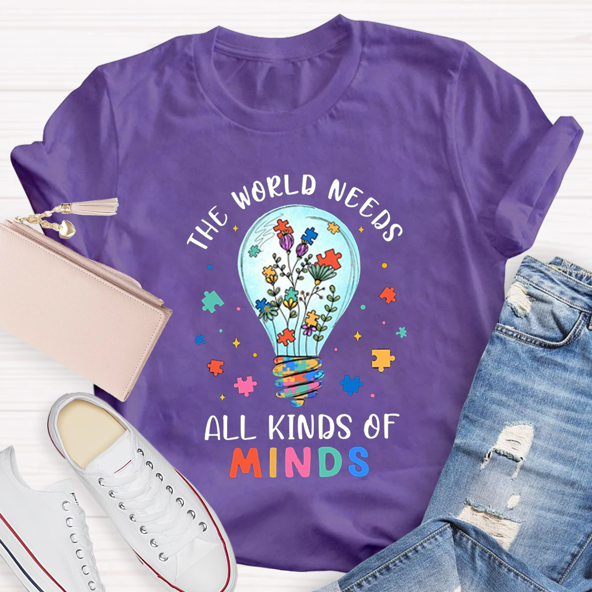 Colorful Puzzle The World Needs All Kinds Of Minds Teacher T-Shirt