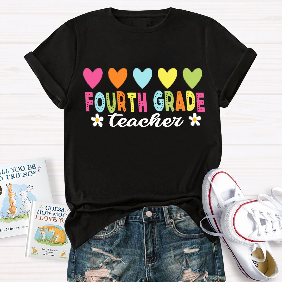 Personalized Grade Heart Print Teacher T-shirt