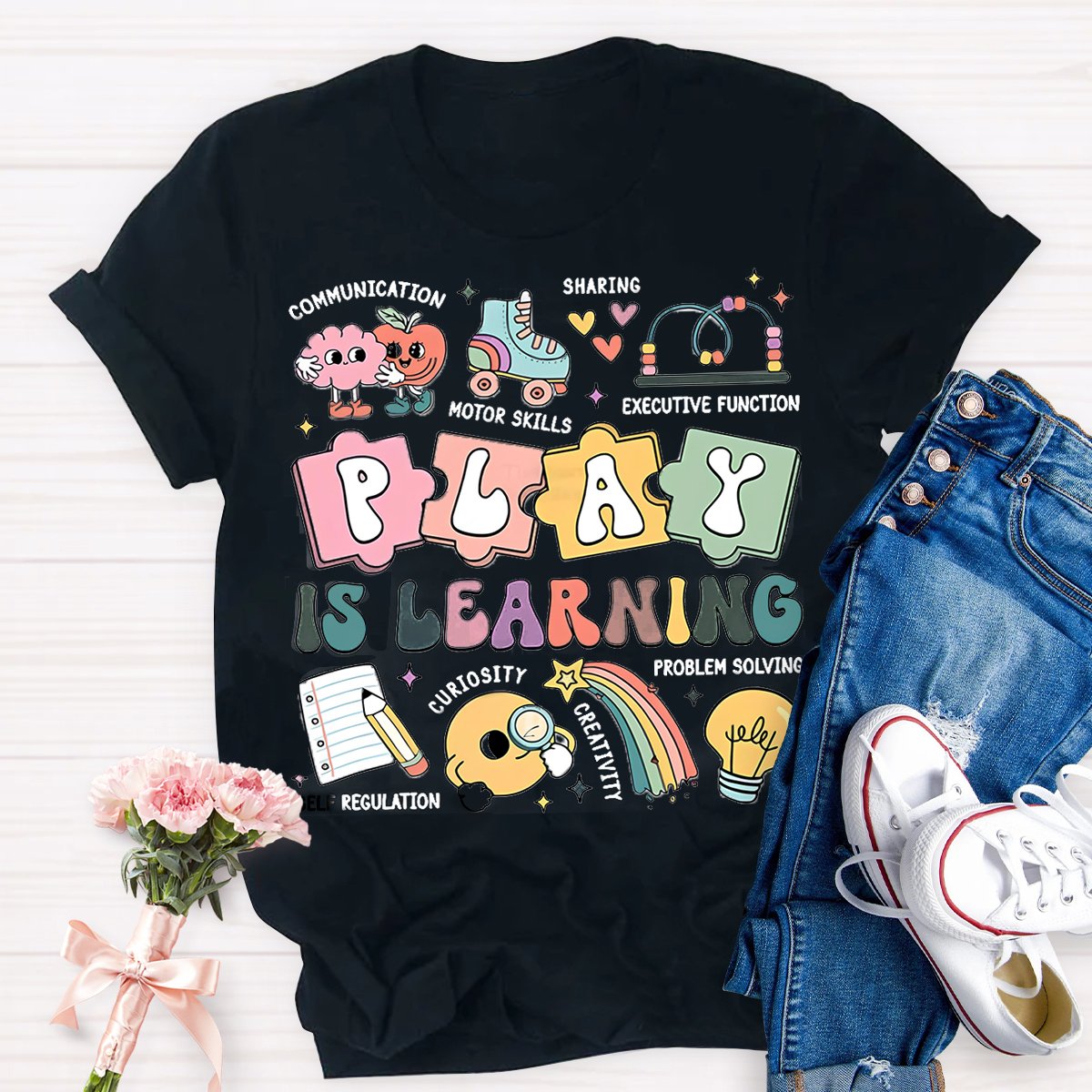 Play Is Learning Colorful Cute Icons Teacher T-Shirt