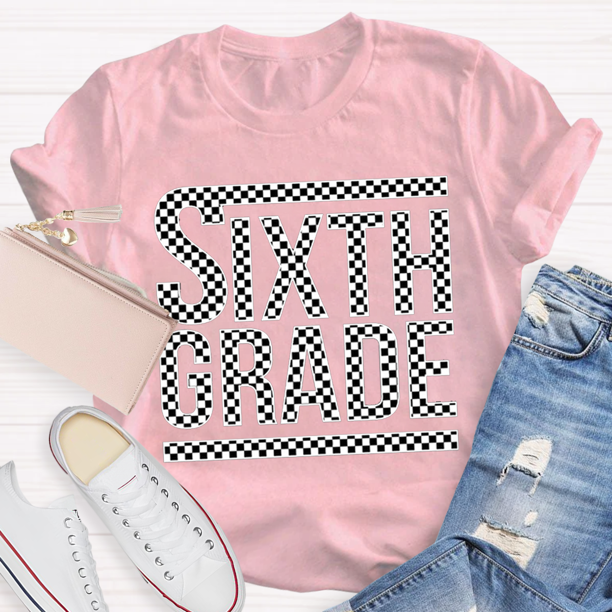 Personalized Plaid Grade Teacher T-Shirt