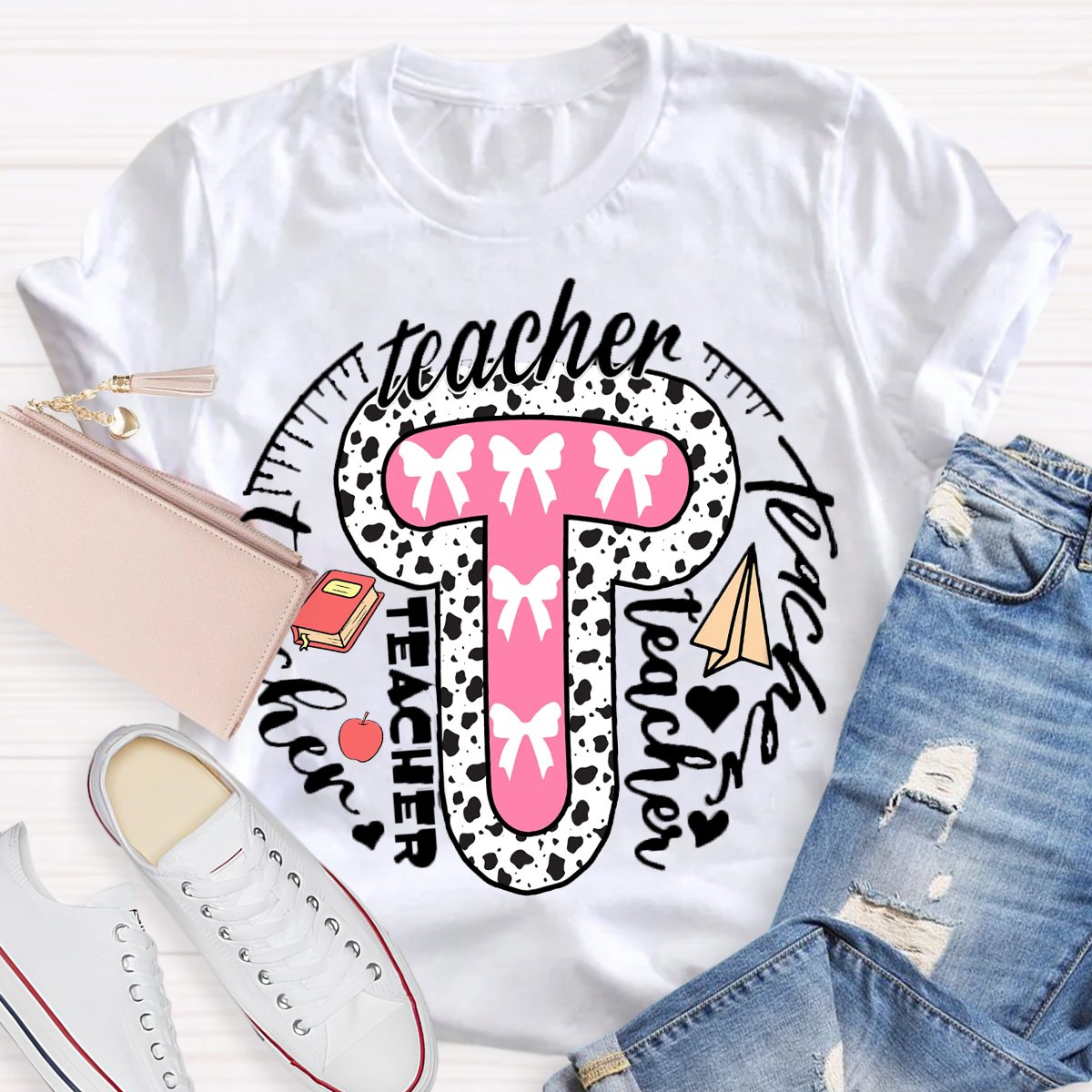 Teacher Typography Bow Print T-Shirt