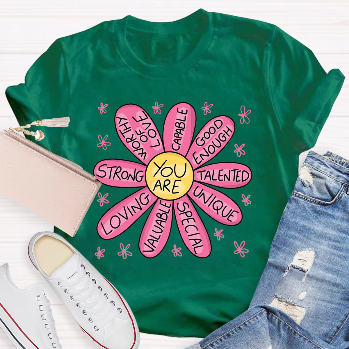 You Are Strong Loving Pink Floral Teacher T-Shirt