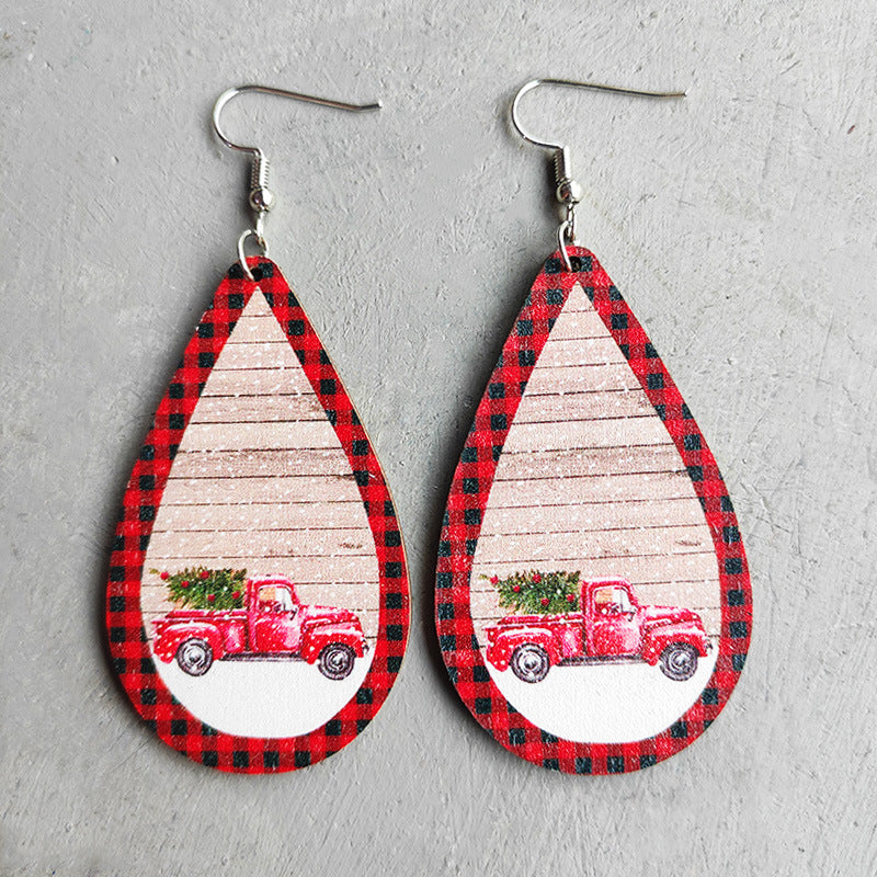 Christmas red and black plaid Christmas tree wooden earrings