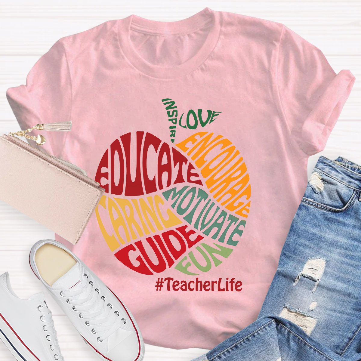 Colorful Apple Typography Caring Guide Educate T-Shirt