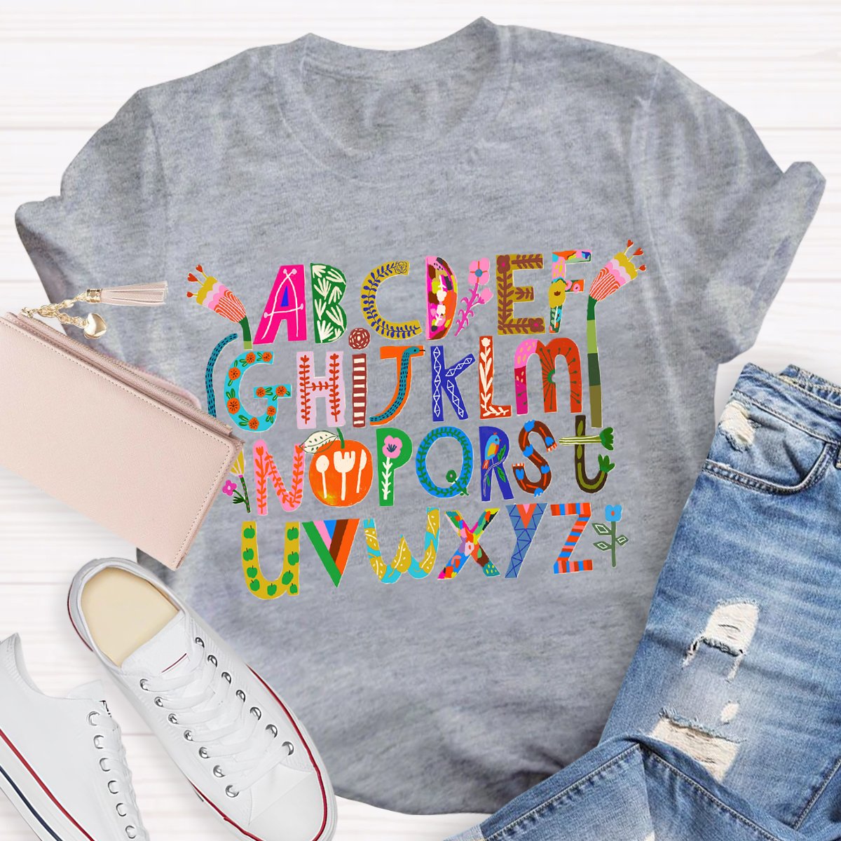 Artistic Design Cute Alphabet Print Teacher T-Shirt