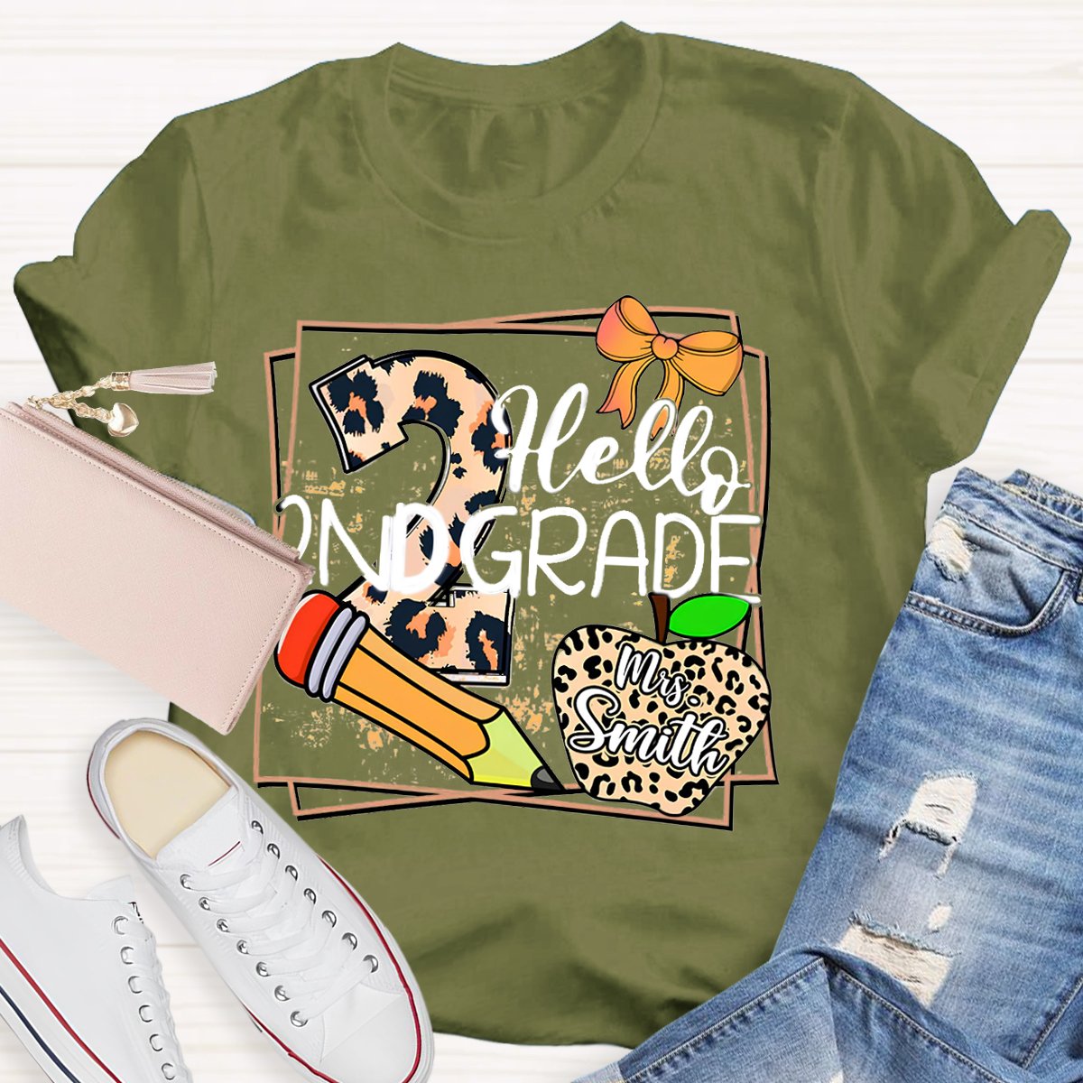 Personalized Grade And Name Leopard Print Apple Pencil T-Shirt