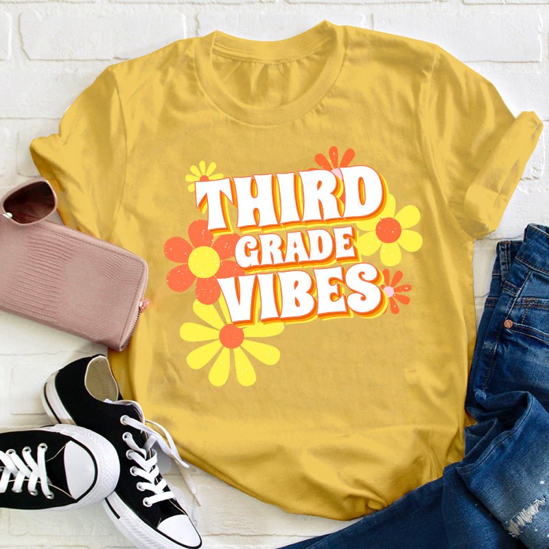 Personalized Third Grade Vibes Flowers Teacher T-Shirt