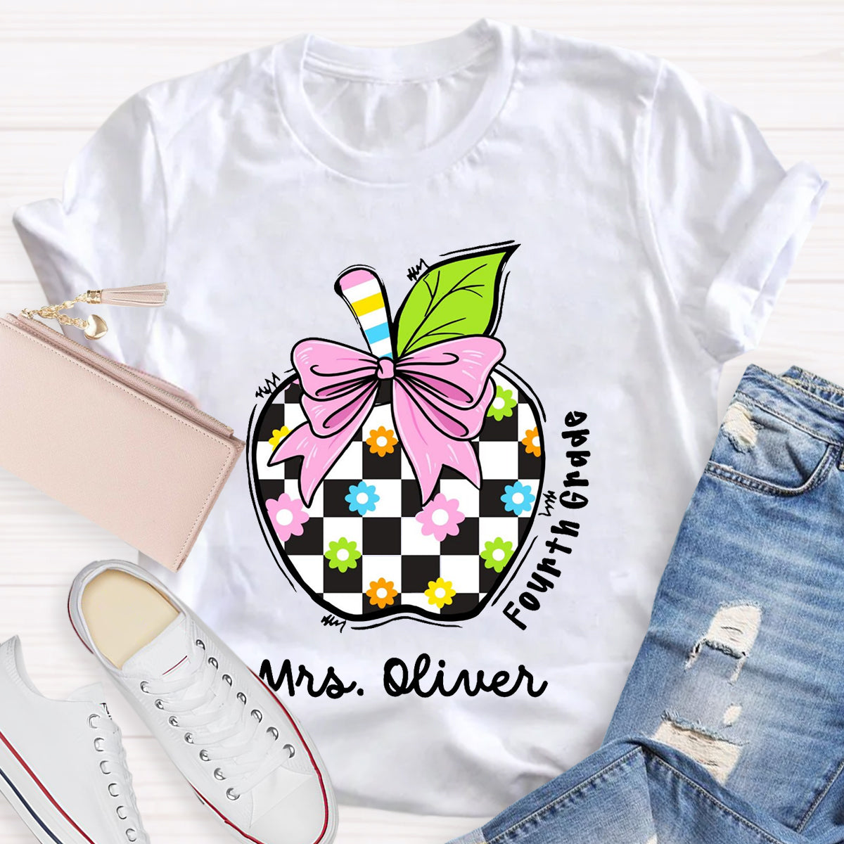 Personalized Grade And Name Colourful Check Print Apple T-Shirt