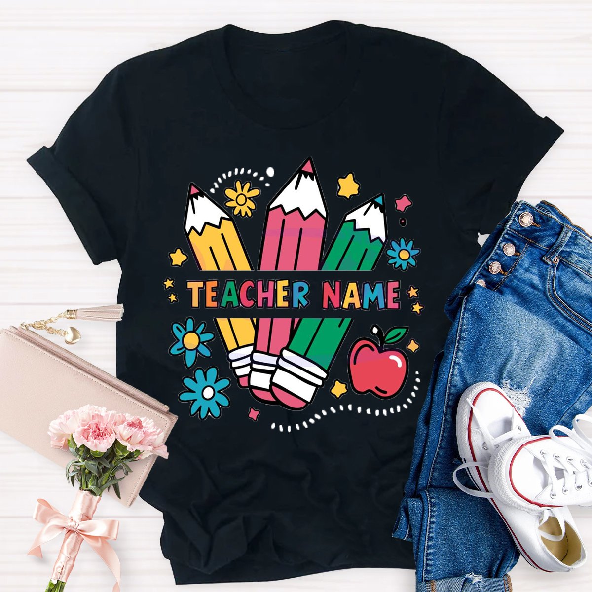 Personalized Teacher Name Kindergarten Pencil T-shirt