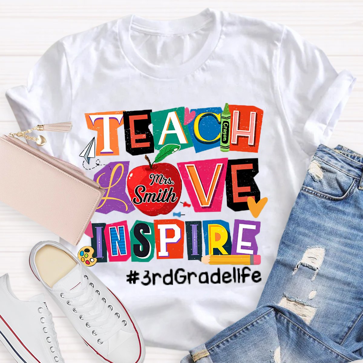 Personalized Name And Grade Teach Love Inspire Teacher T-Shirt