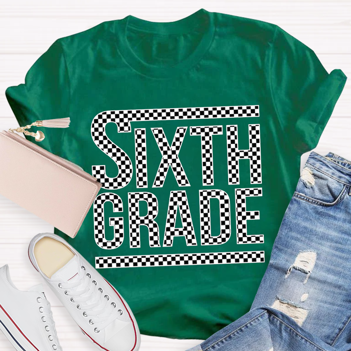 Personalized Plaid Grade Teacher T-Shirt