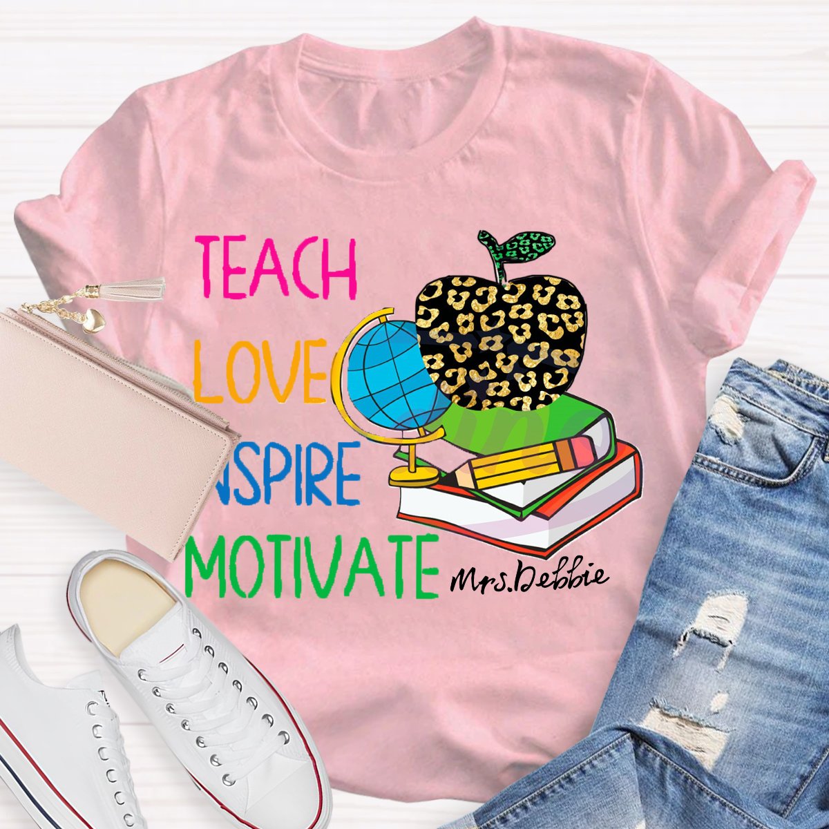 Personalized Name  Teach Love Inspire Motivate Globe T-shirt