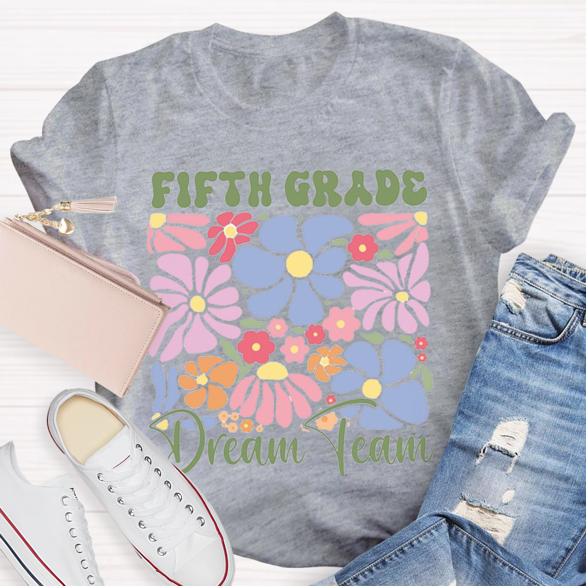 Personalized Grade Colorful Flowers Teachers T-Shirt