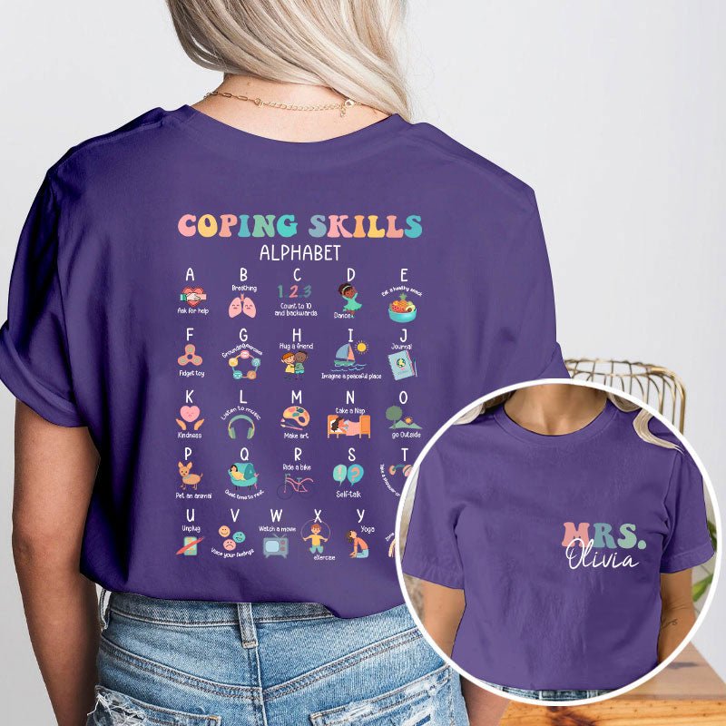 Personalized Name Coping Skills Alphabet Teacher Two Sided T-Shirt