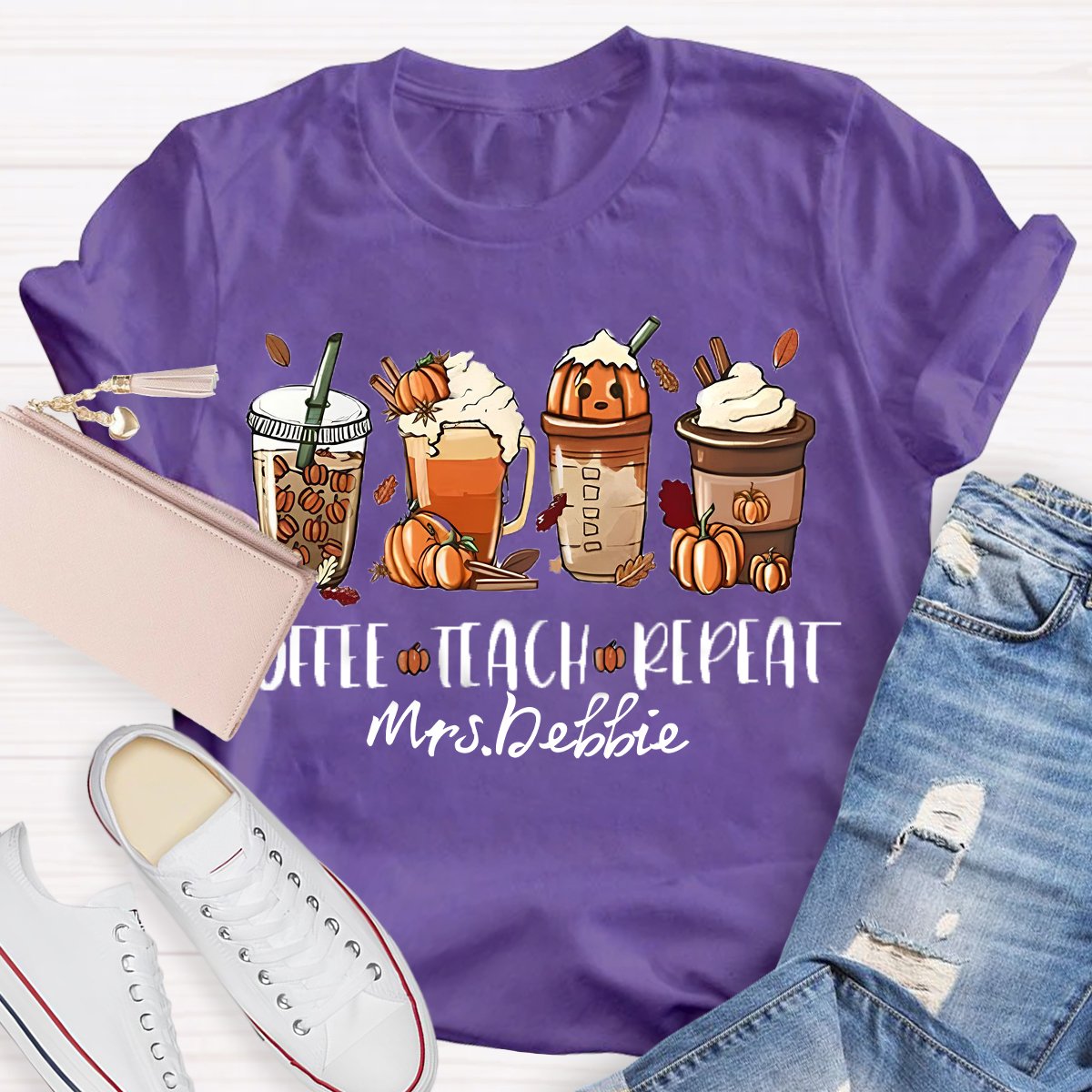 Personalized Name Halloween Coffee Teach Repeat Teacher T-Shirt