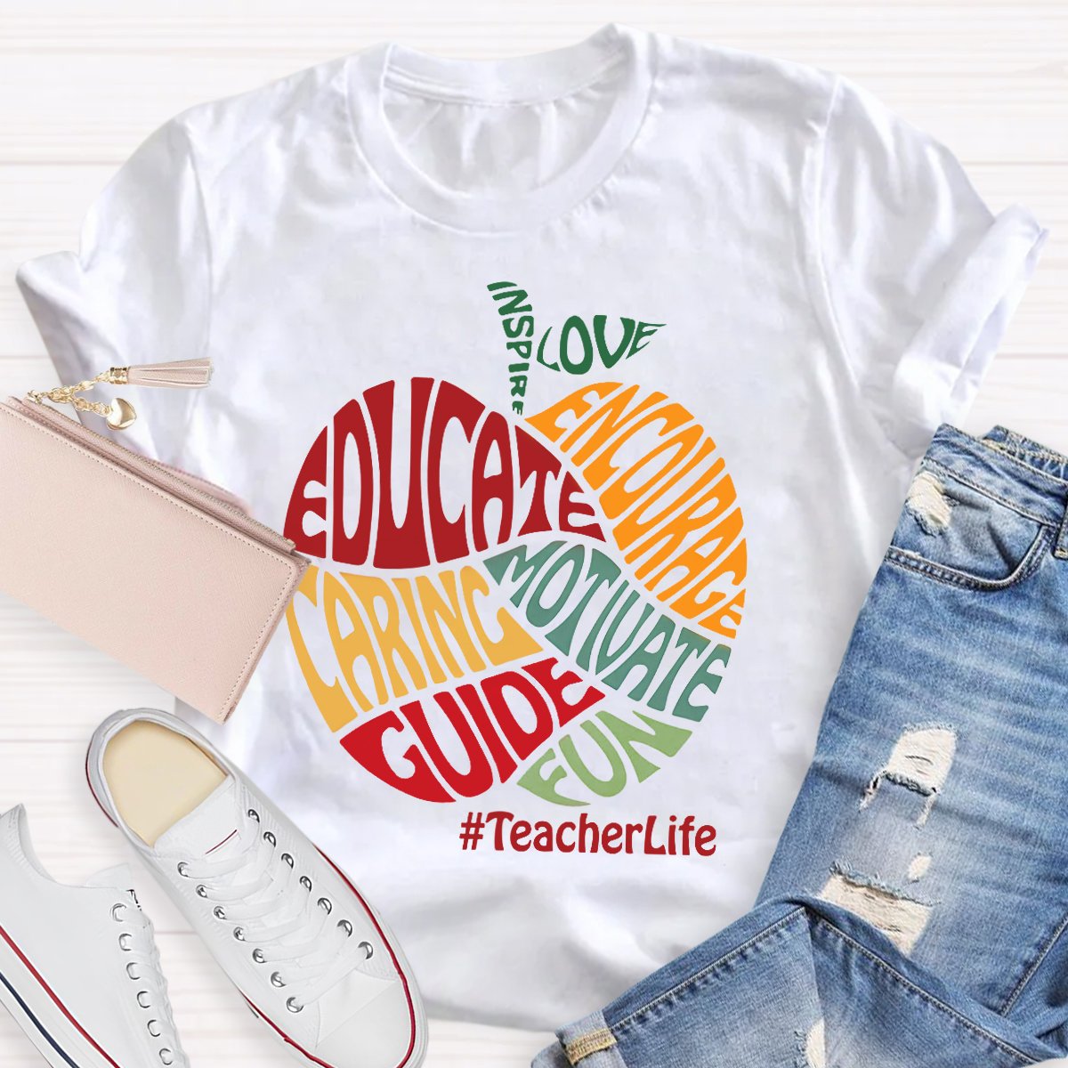 Colorful Apple Typography Caring Guide Educate T-Shirt