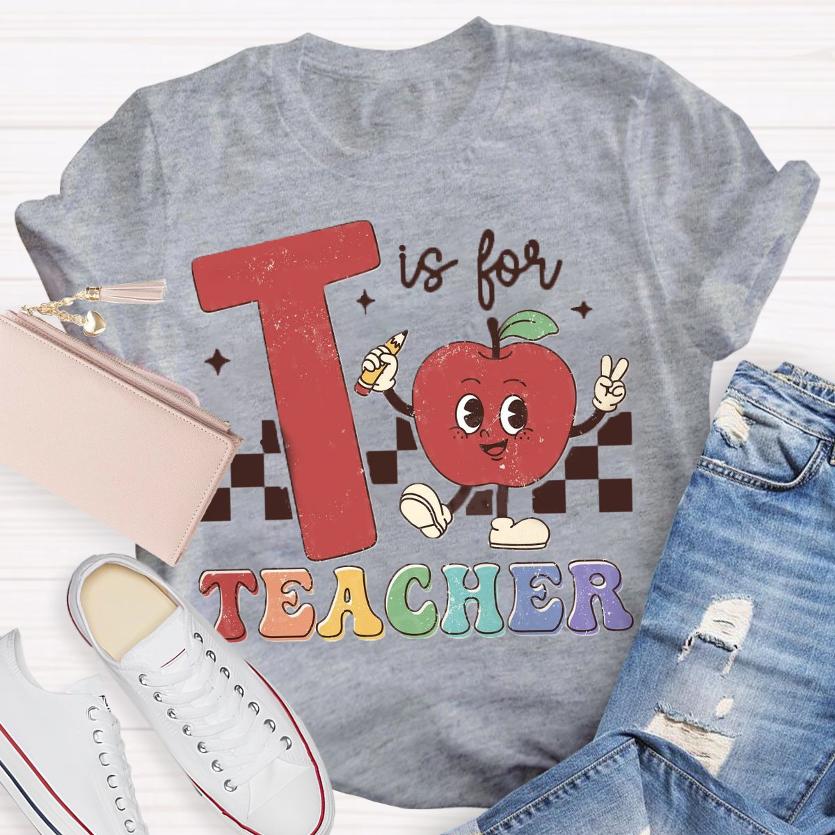 T is for teacher Apple Pencil Printed Back to school T-shirt