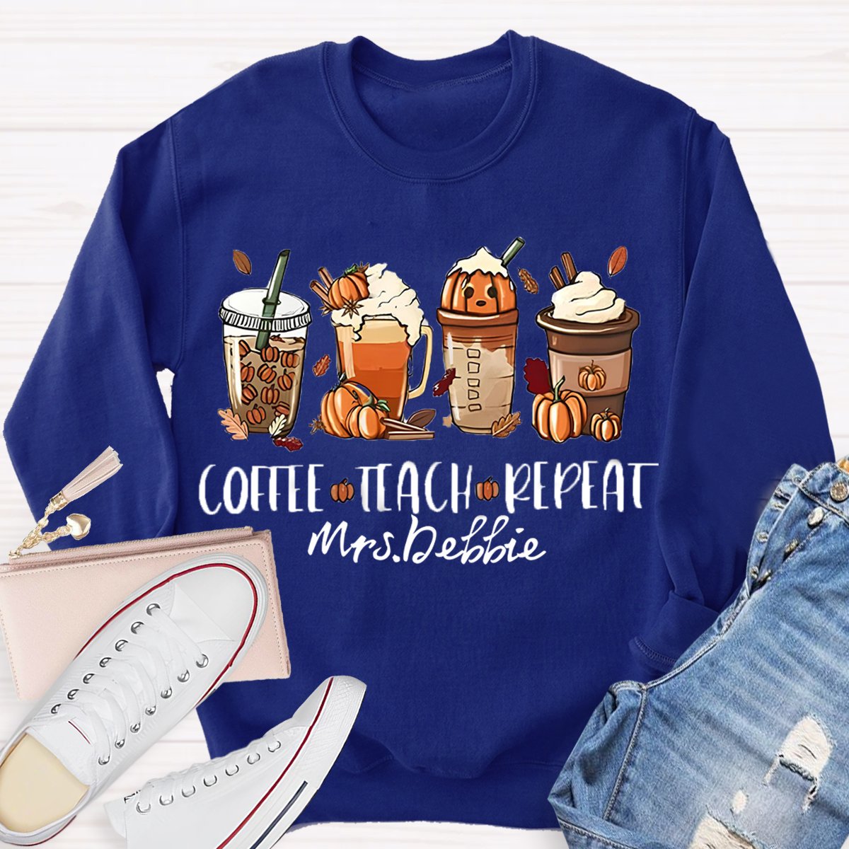 Personalized Name Halloween Coffee Teach Repeat Teacher Sweatshirt