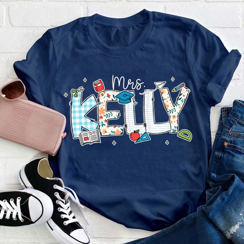 Personalized Name Cartoon Stationery Teacher T-Shirt