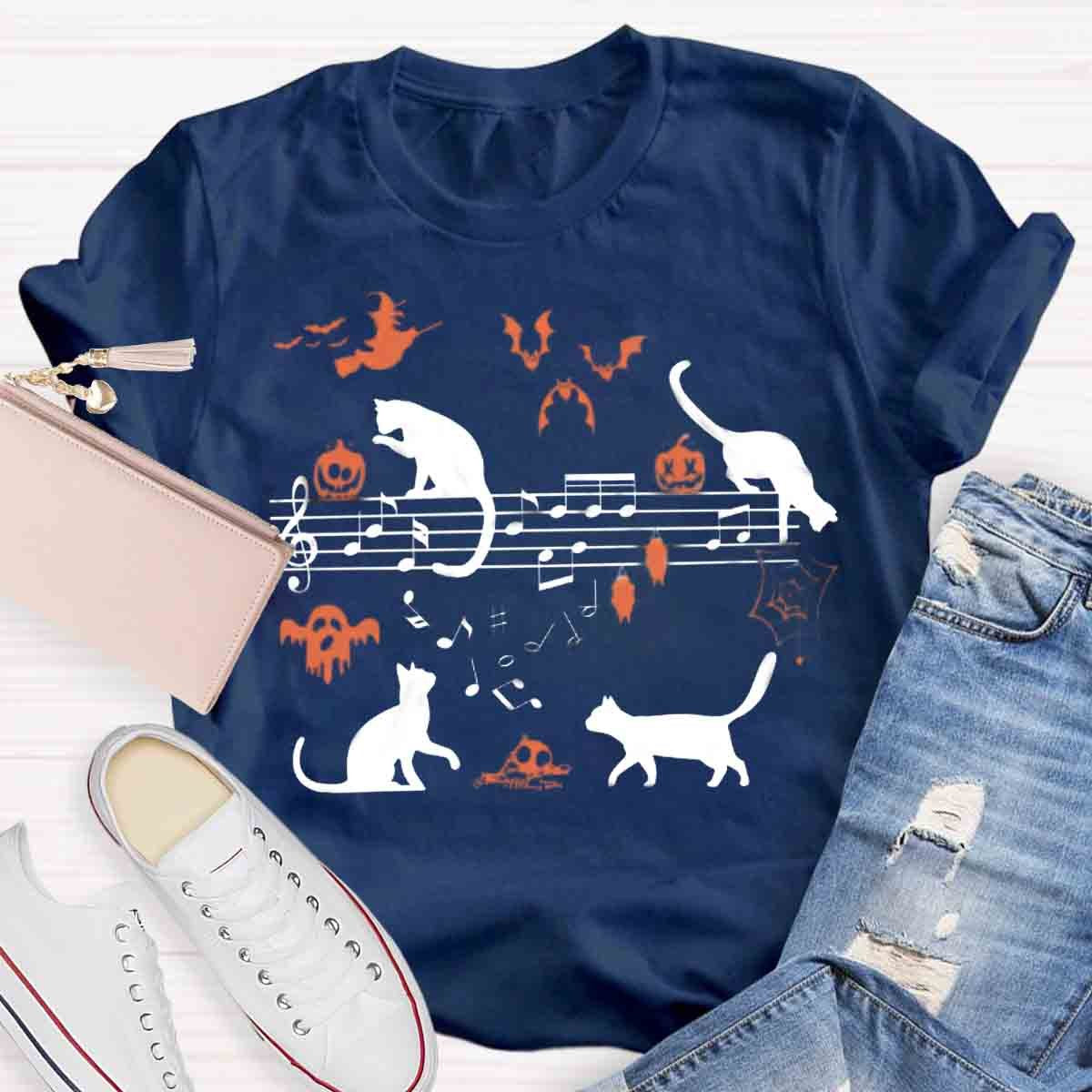 Ghost Cat Music Notes Halloween Music Teacher T-Shirt