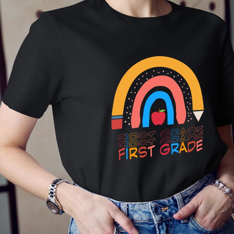 Personalized Grade Pencil Apple Rainbow A Teacher T-Shirt