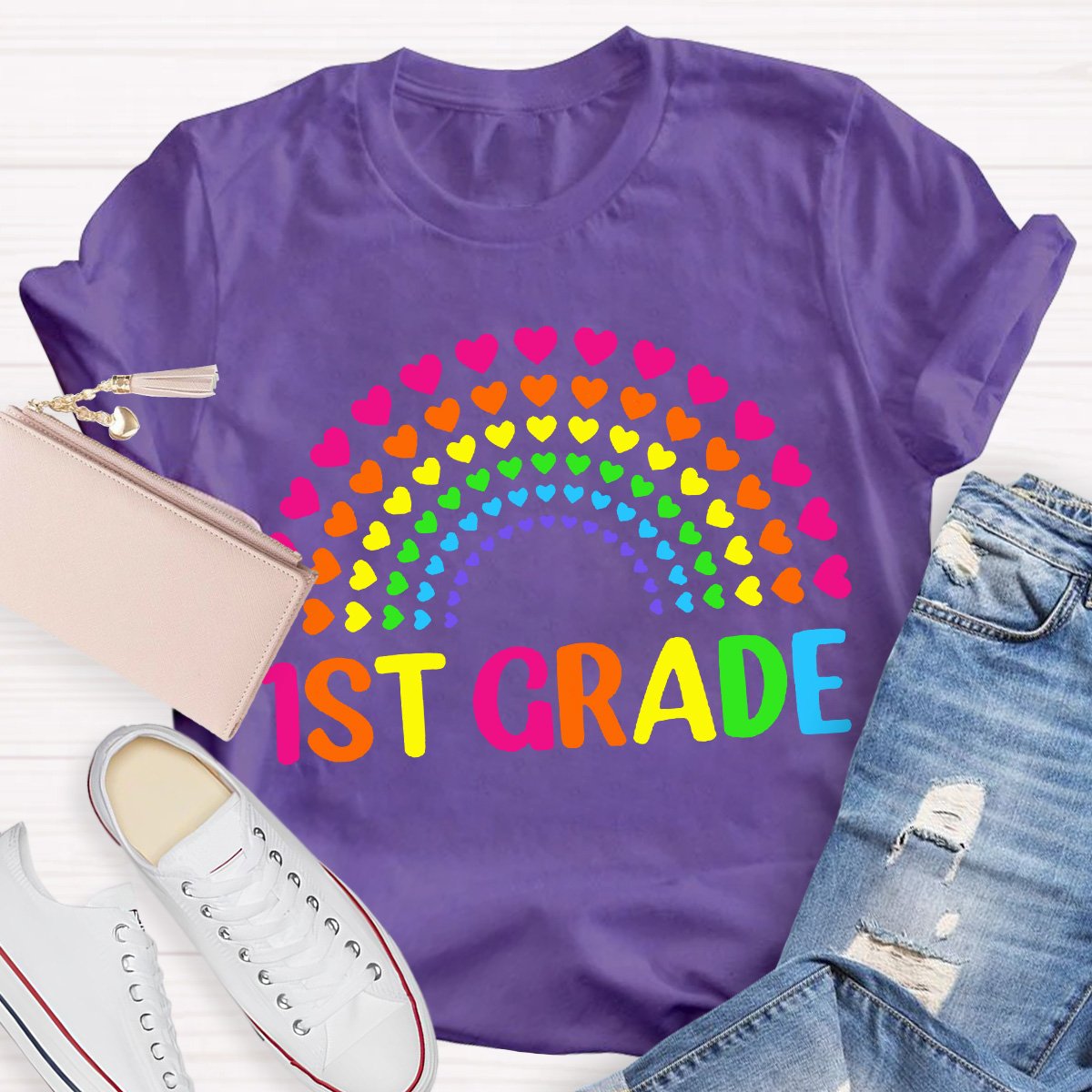 Personalized Grade Teacher Heart Rainbow Shirt