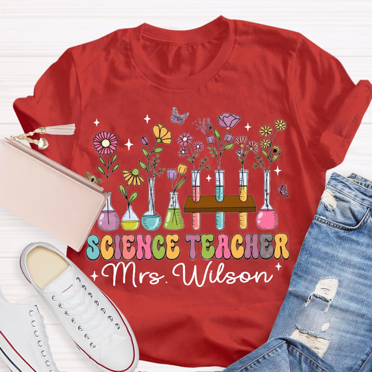 Personalized Science Teacher Name Tubes And Flowers Teacher T-Shirt