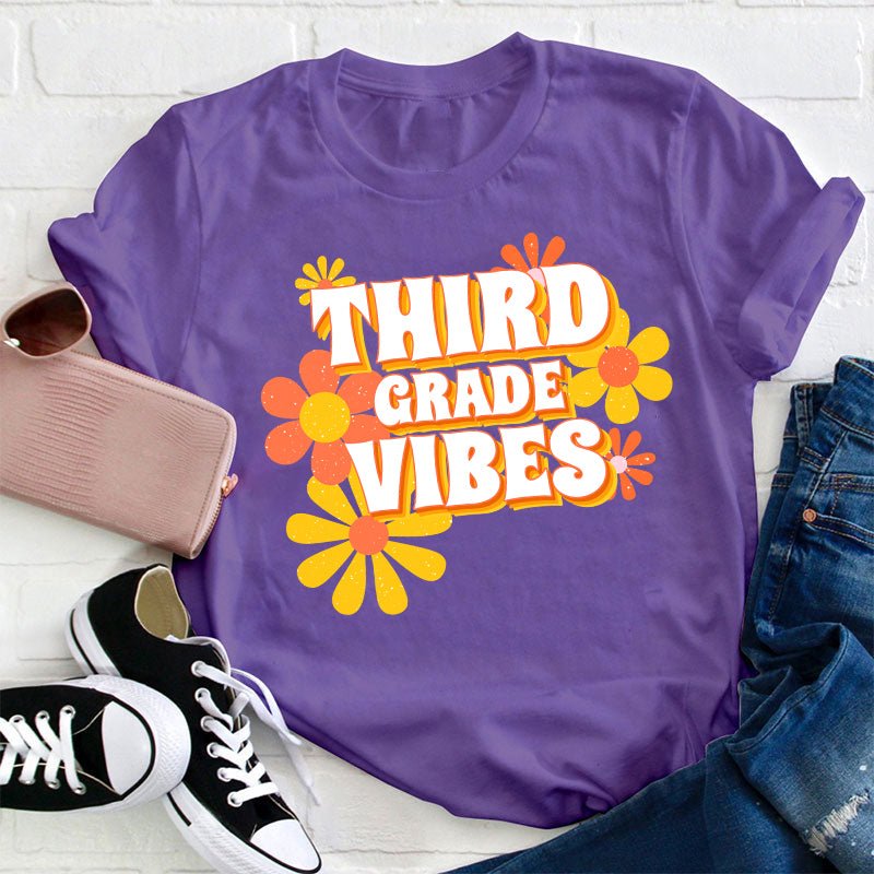 Personalized Third Grade Vibes Flowers Teacher T-Shirt