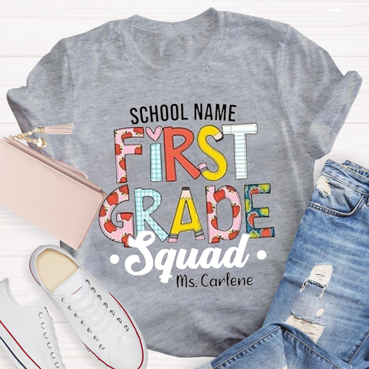 Personalized School Name And First Grade Teacher Shirt