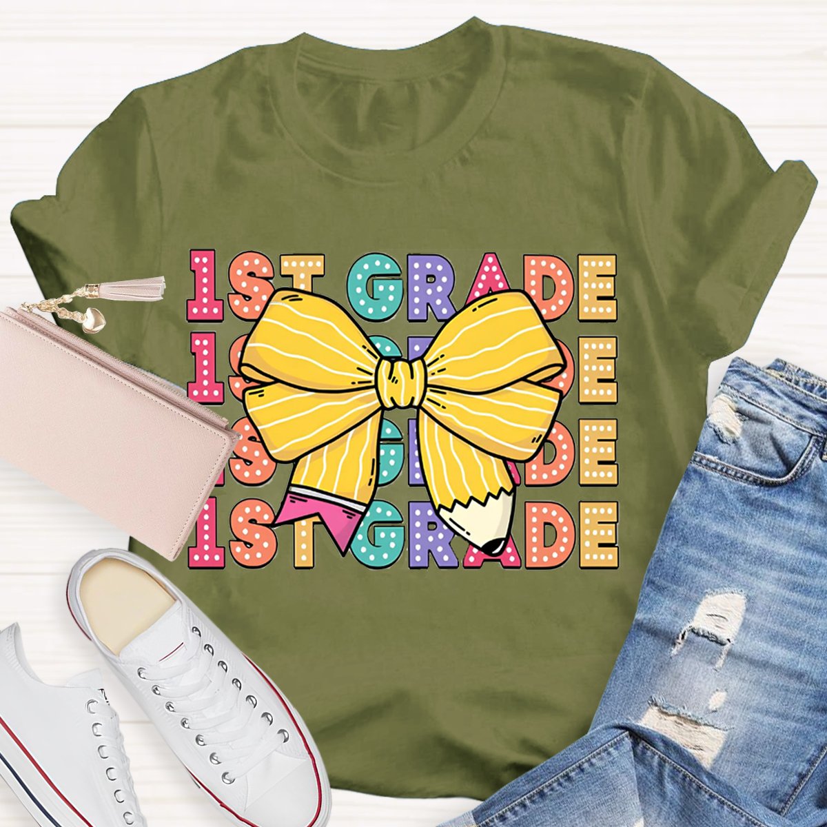 Personalized Grade Bow Pencil Design T-Shirt