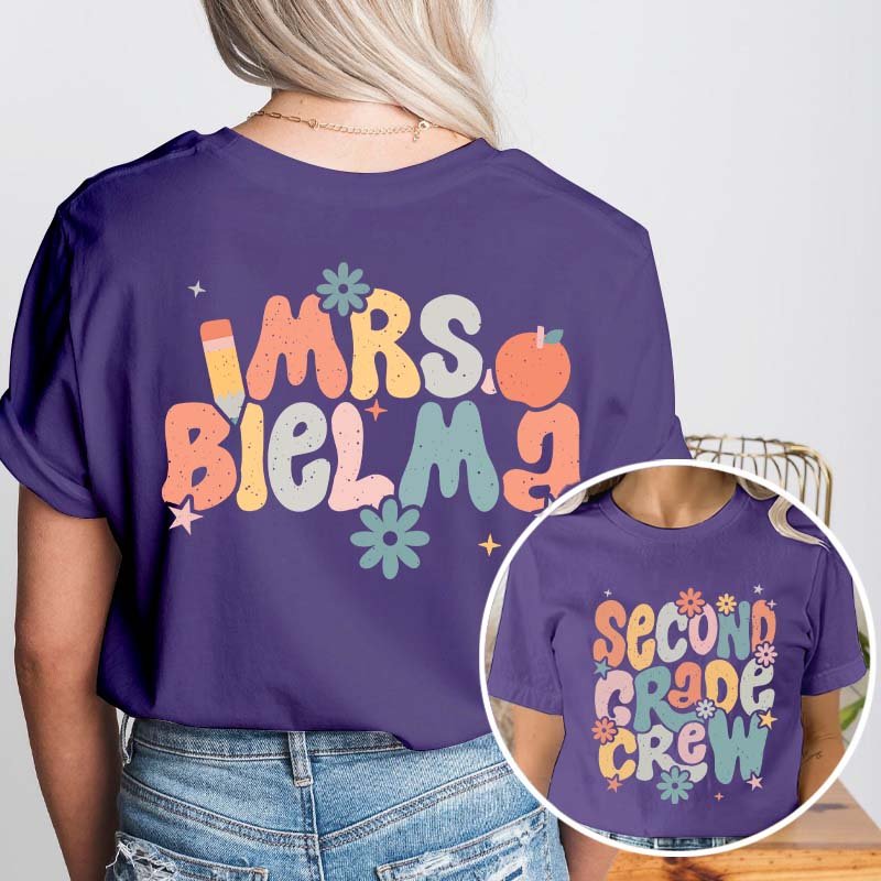 Personalized Name And Grade Bloom Flowers Teacher Two Sided T-Shirt