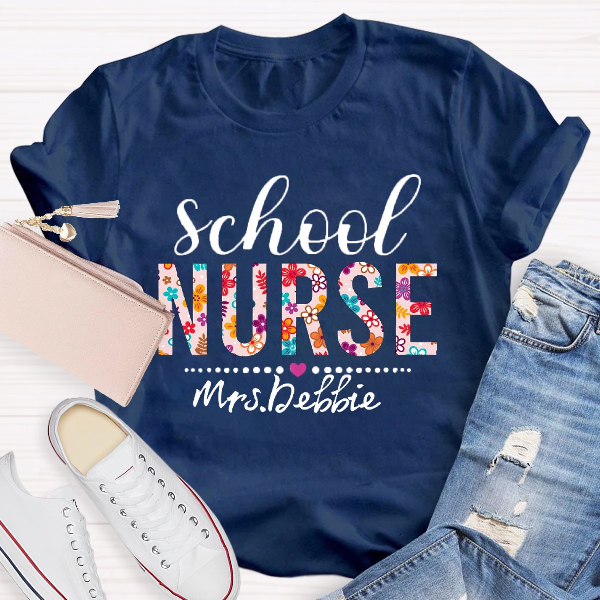 Personalized School Nurse Name Floral T-shirt