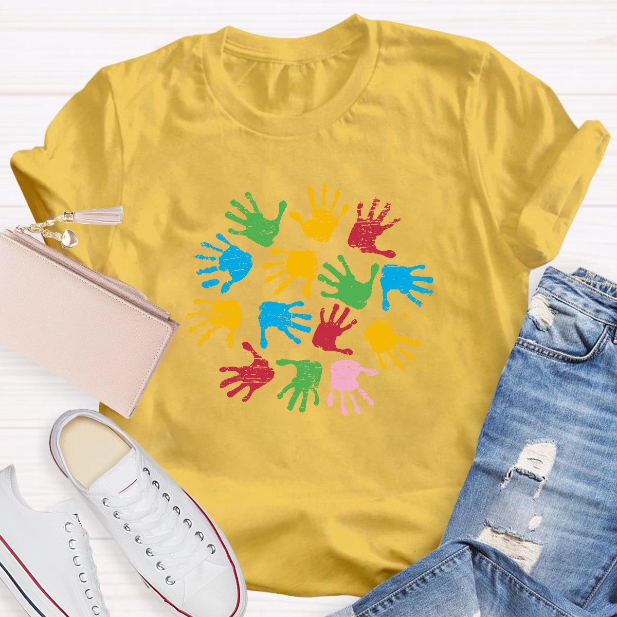 Colored Handprints Autism Awareness Teacher T-shirt