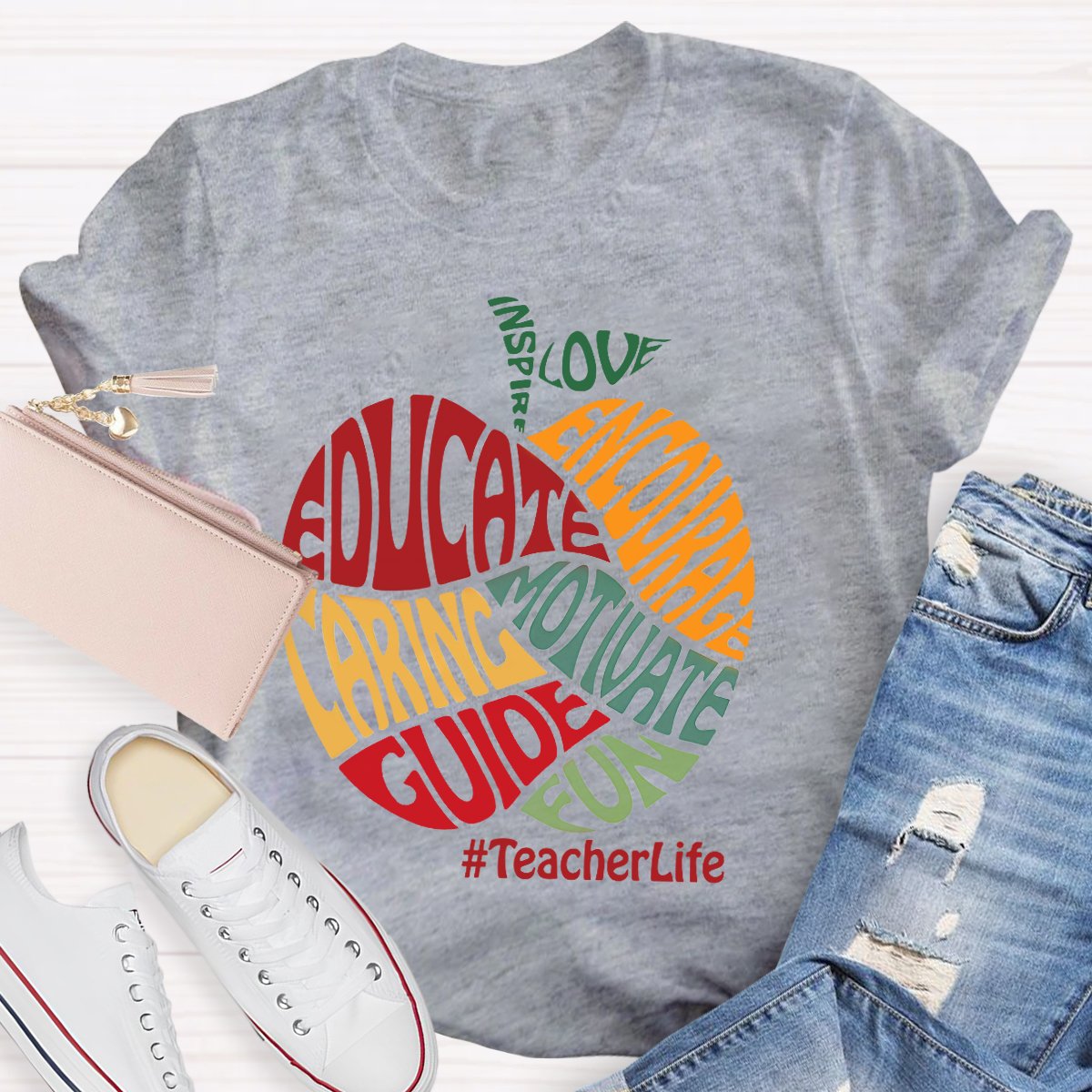 Colorful Apple Typography Caring Guide Educate T-Shirt