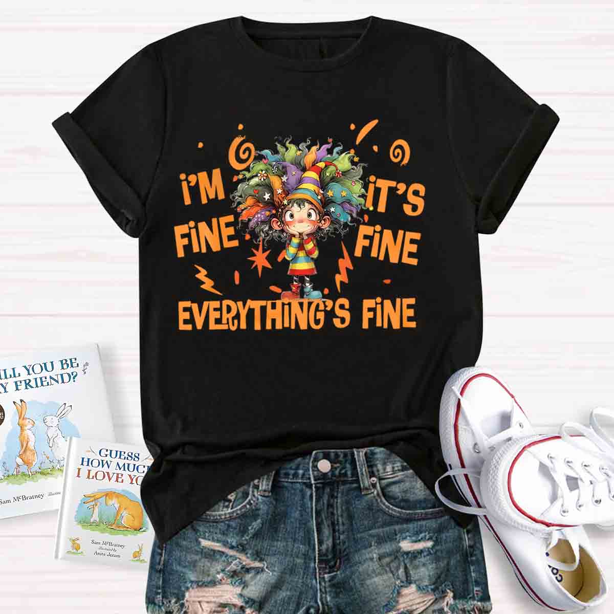 Everything Is Fine Cute Grumpy Kid Print T-shirt