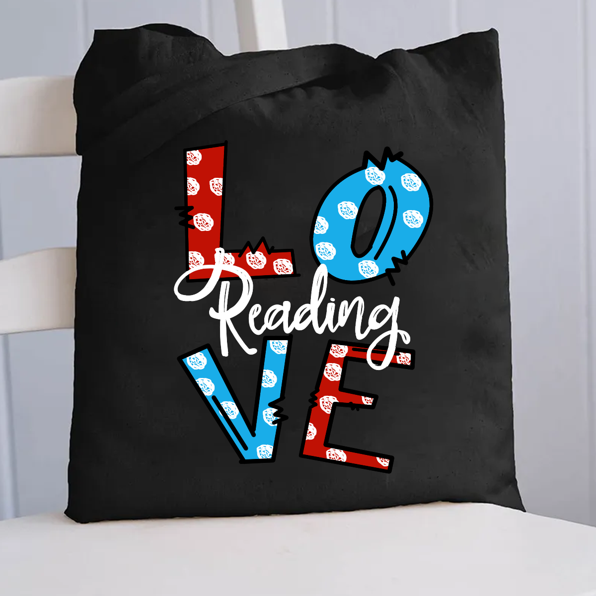 Love Reading Red Blue Polka Dots Canvas Tote Bag