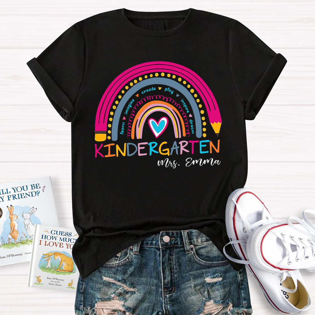 Personalized Name And Grade Rainbow Teacher T-Shirt