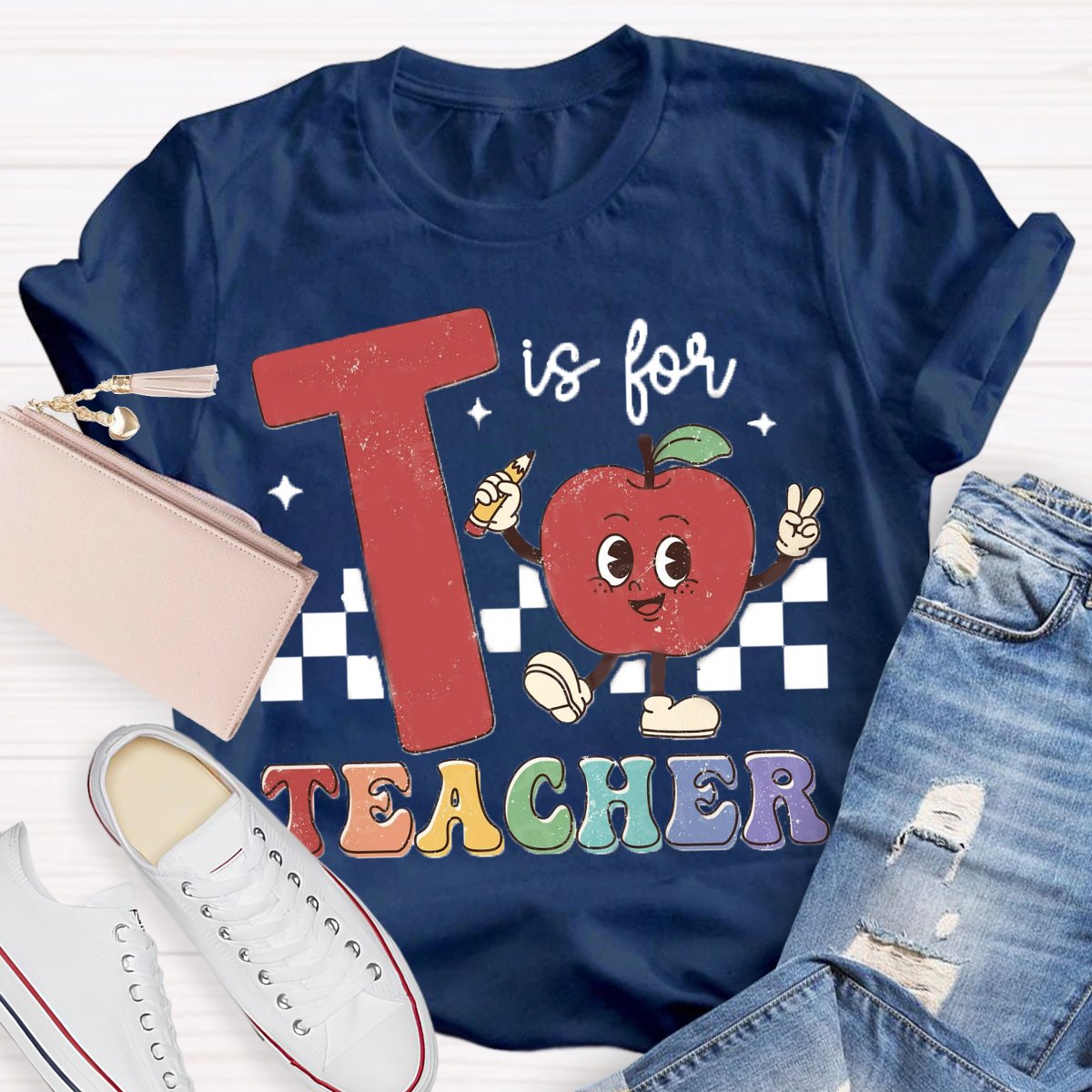 T is for teacher Apple Pencil Printed Back to school T-shirt