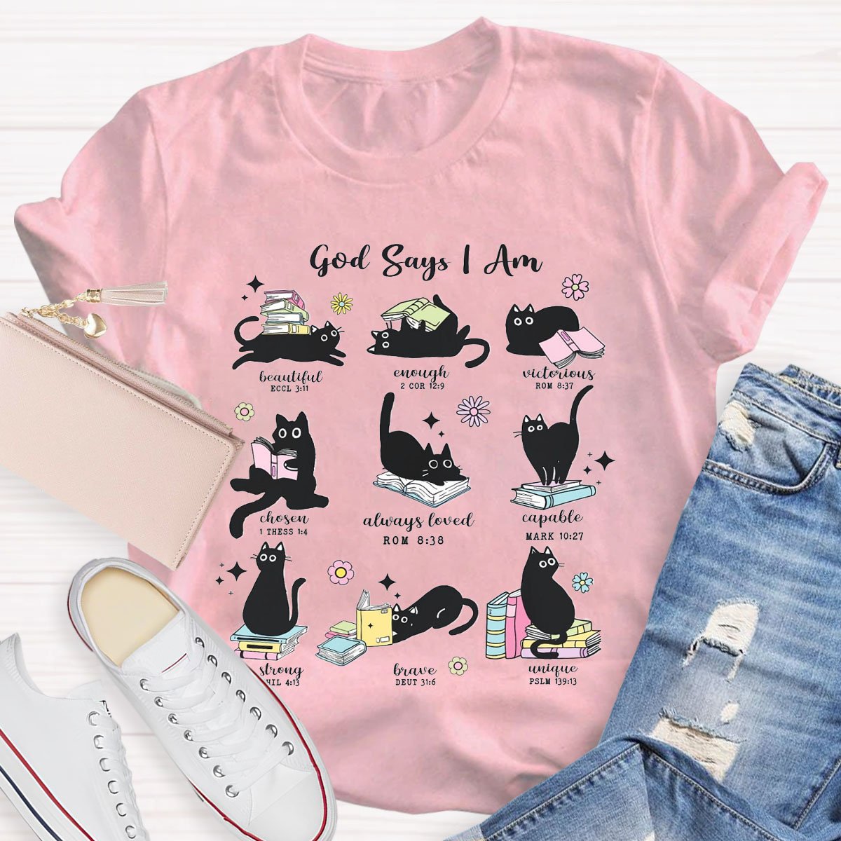 Cute Cat God Says I Am Teacher Cats and Books T-Shirt