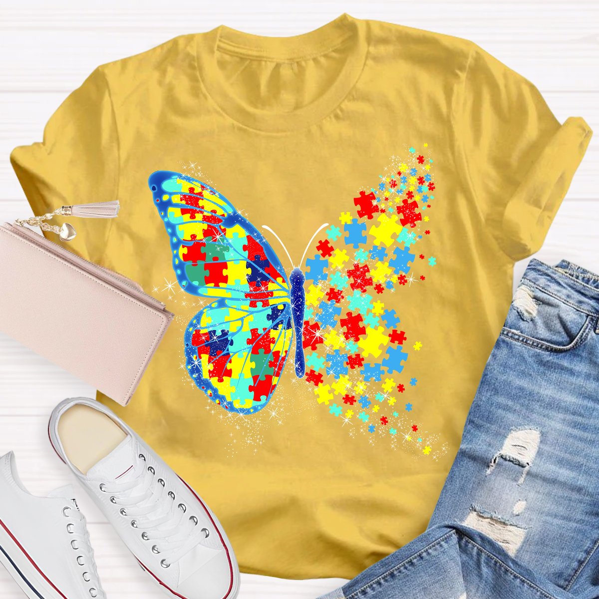 Colorful Puzzle Butterfly Teacher T-Shirt