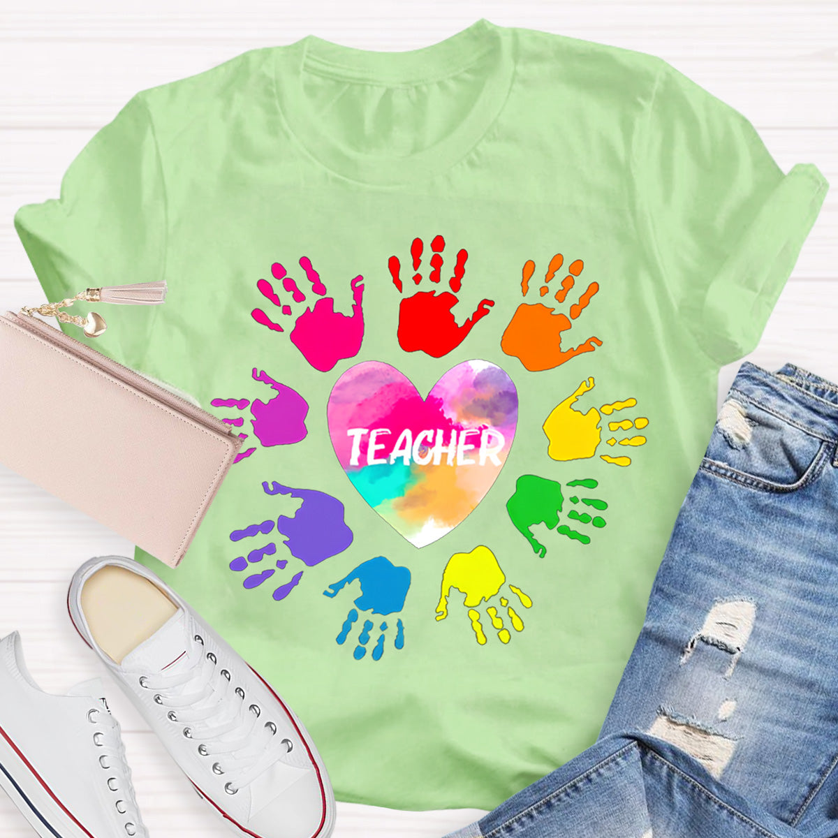 Personalized Colorful Hands Teacher T-Shirt