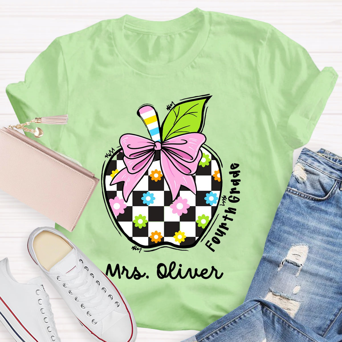 Personalized Grade And Name Colourful Check Print Apple T-Shirt