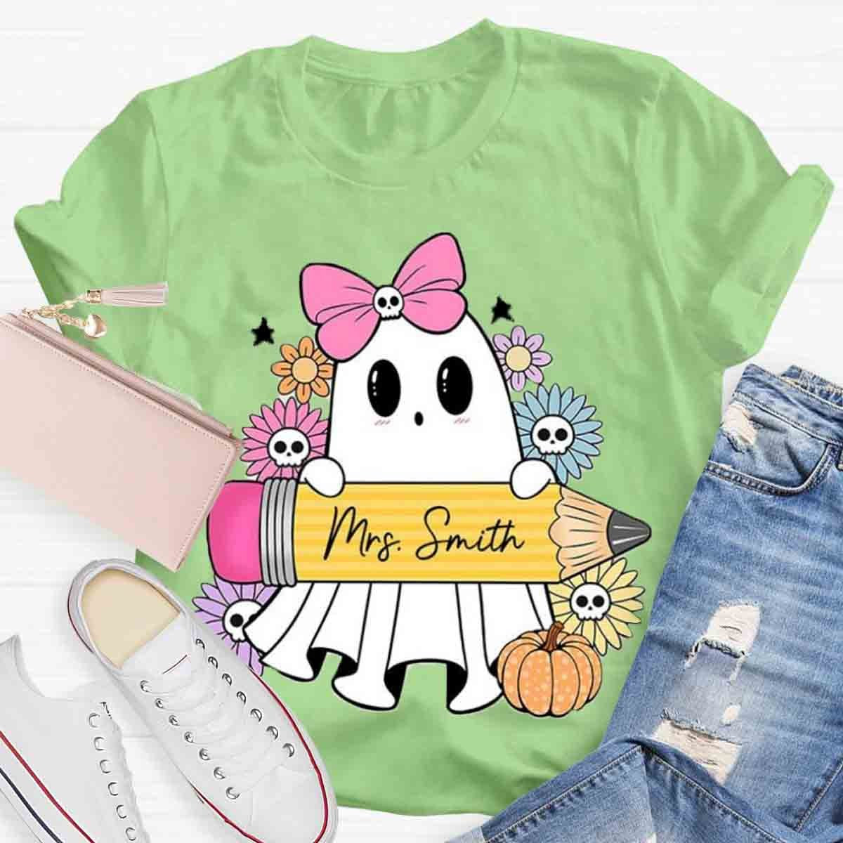 Personalized Name Halloween Teacher Coquette Ghost Shirt